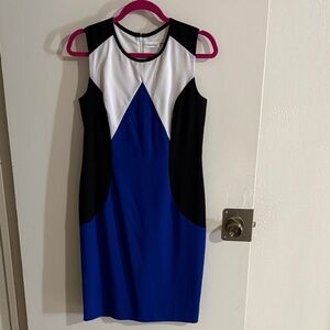Calvin Klein Blue, Black, and White Midi Dress